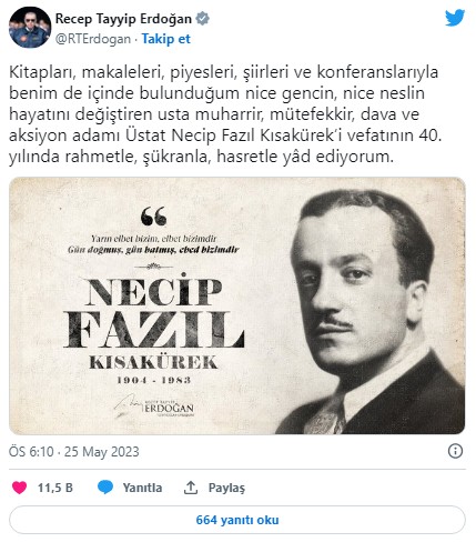 Başkan Erdoğan, Necip Fazıl Kısakürek'i andı